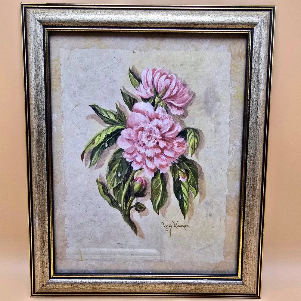 Nancy Wiseman Signed Floral Painting Pair Pink Hibiscus Peony Framed Art Set 2